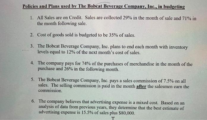 Policies and Plans used by The Bobcat Beverage Company, Inc., in budgeting 1. All Sales are on Credit. Sales are collected 29