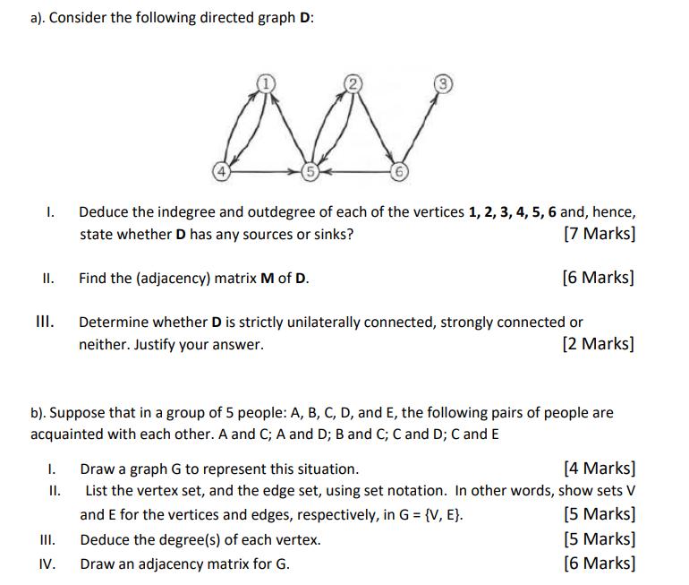 a). Consider the following directed graph D: 1. Deduce the indegree and outdegree of each of the vertices 1, 2, 3, 4, 5, 6 an