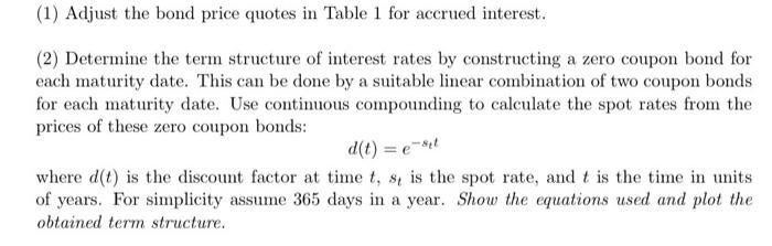 (1) Adjust the bond price quotes in Table 1 for accrued interest. (2) Determine the term structure of interest rates by const