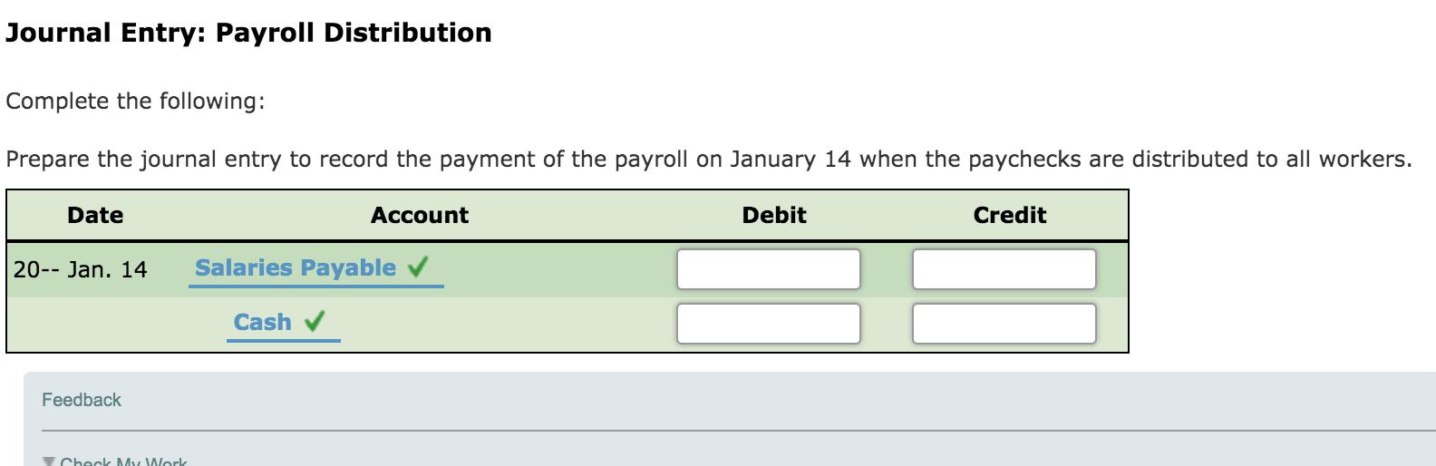 Journal Entry: Payroll Distribution Complete the following: Prepare the journal entry to record the payment of the payroll on