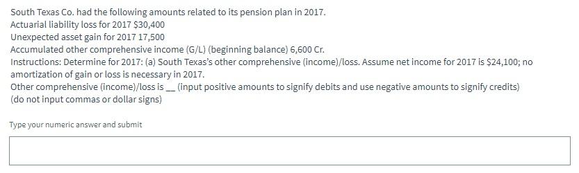 South Texas Co. had the following amounts related to its pension plan in 2017. Actuarial liability loss for 2017 $30,400 Unex