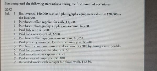 Jim completed the following transactions during the first month of operations: 20X1 Jul. 1 Jim invested $40,000 cash and phot