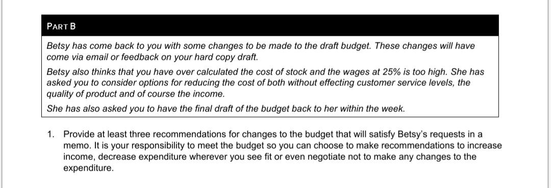 PARTB Betsy has come back to you with some changes to be made to the draft budget. These changes will have come via email or