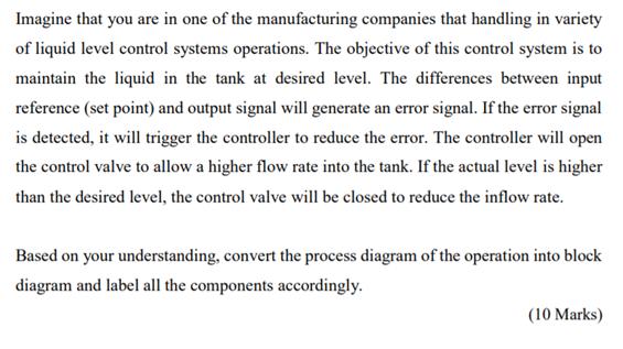 Imagine that you are in one of the manufacturing companies that handling in variety of liquid level control systems operation