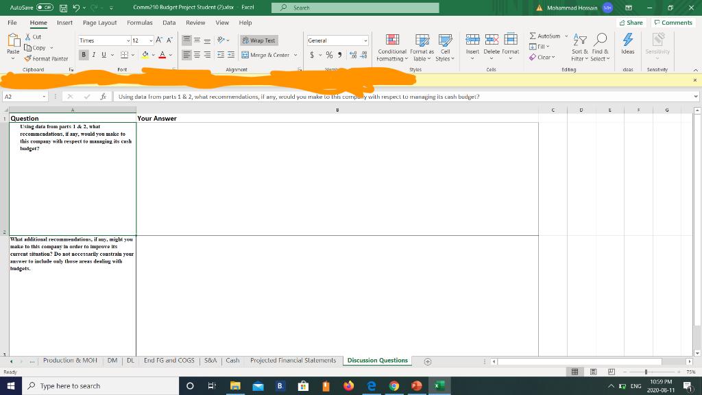AutoSave C Comm210 Budget Project Student (2).xlsx - Excel Search A Mohammad Hossain - File Home Insert Page Layout Formulas