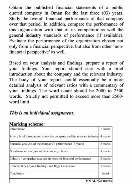 Obtain the published financial statements of a public quoted company in Oman for the last three (03) years. Study the overall