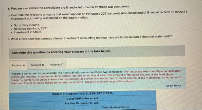 a. Prepare a worksheet to consolidate the financial information for these two companies. b. Compute the following amounts tha