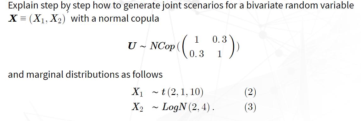 Explain step by step how to generate joint scenarios for a bivariate random variable X = (X1, X2) with a normal copula UNCop