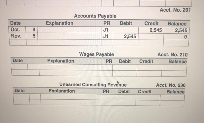 Acct. No. 201 Accounts Payable Explanation PR J1 Date Oct. Nov. Debit Credit 2,545 95 Balance 2,545 0J1 2,545 Wages Payable