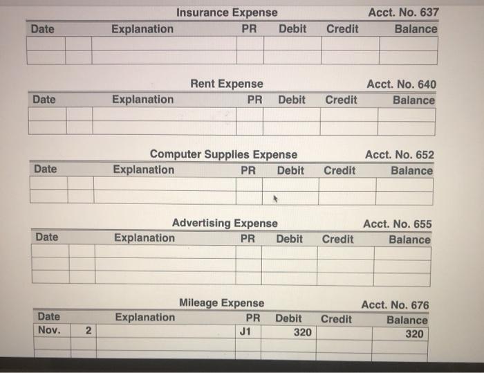 Insurance Expense Explanation PR Debit Acct. No. 637 Balance Date Credit Rent Expense PR Acct. No. 640 Balance Date Explanati