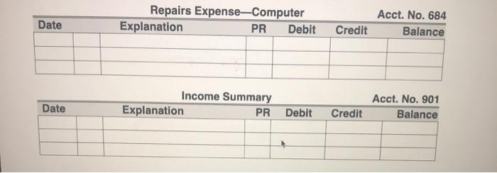 Repairs Expense—Computer Explanation PR Debit Date Acct. No. 684 Balance Credit Date Income Summary Explanation PR Acct. No.