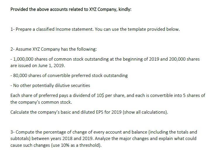Provided the above accounts related to XYZ Company, kindly: 1- Prepare a classified Income statement. You can use the templat