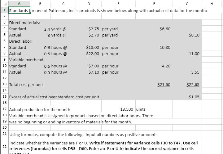 E FH сD G1 Standards for one of Patterson, Inc.s products is shown below, along with actual cost data for the month: 2$6