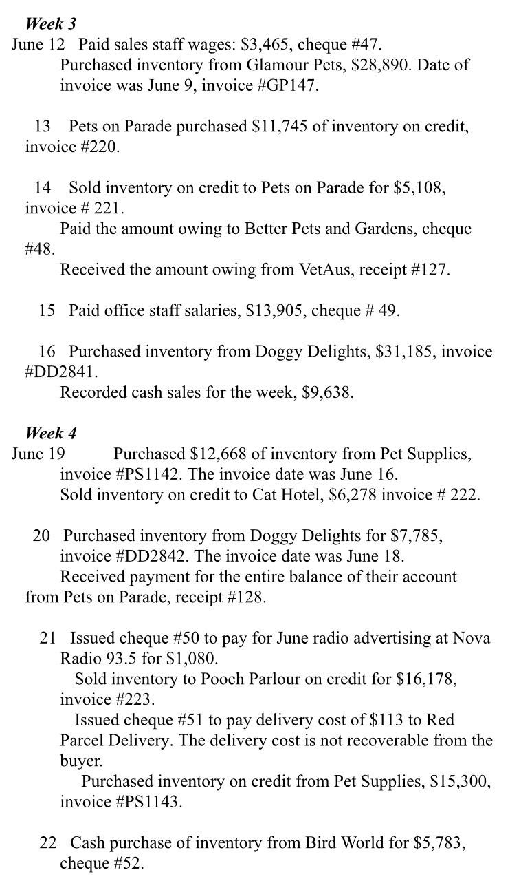 Week 3 June 12 Paid sales staff wages: $3,465, cheque #47. Purchased inventory from Glamour Pets, $28,890. Date of invoice wa