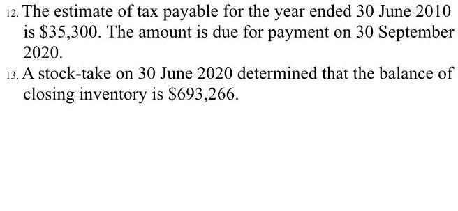 12. The estimate of tax payable for the year ended 30 June 2010 is $35,300. The amount is due for payment on 30 September 202