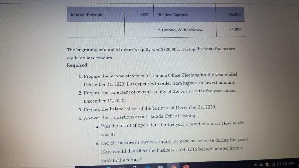 Interest Payable 3,000 Utilities Expense 25,000 Y. Harada, Withdrawals.. 71,000 The beginning amount of owners equity was $2