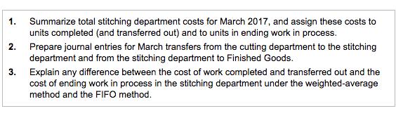 1. Summarize total stitching department costs for March 2017, and assign these costs to units completed (and transferred out)