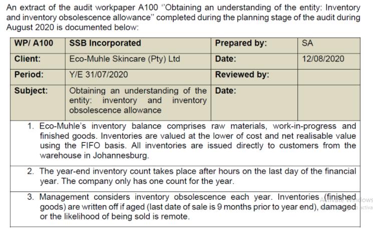 An extract of the audit workpaper A100 "Obtaining an understanding of the entity: Inventory and inventory