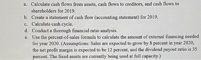 a. Calculate cash flows from assets, cash flows to creditors, and cash flows to shareholders for 2019. b. Create a statement