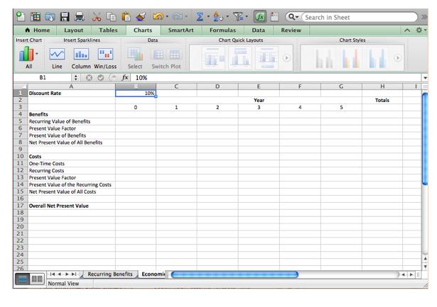 -Search in Sheet Layout TablesCharts Insert Sparklines SmartArt Formulas Data Review Chart quick Layouts Chart Styles All Line Column Win/Loss Select Switch Plot B1 Discount Rate Totals 4 Benefits Recurring Value of Benefits Present Value Factor 7 Present Value of Benefits 8 Net Present Value of All Benefits 10 Costs 11 One-Time Costs 12 Recurring Costs 13 Present Value Factor 14 Present Value of the Recurring Costs 15 Net Present Value of All Costs 17 Overall Net Present Value 20 21 23 24 25 26 トト Recurring Benefits Economie 目目 Normal View