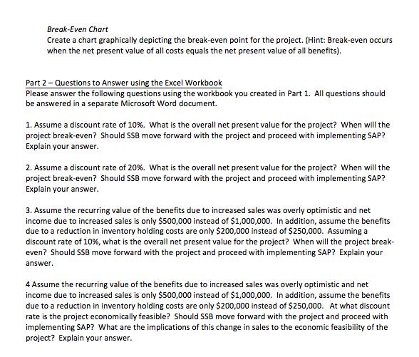 Break-Even Chart Create a chart graphically depicting the break-even point for the project. (Hint: Break-even occurs when the net present value of all costs equals the net present value of all benefits) Part 2 - Questions to Answer using the Excel Workbook Please answer the following questions using the workbook you created in Part 1. All questions should be answered in a separate Microsoft Word document. 1. Assume a discount rate of 10%, what is the overall net present value for the project? when will the project break-even? Should SSB move forward with the project and proceed with implementing SAP? Explain your answer. 2. Assume a discount rate of 20%, what is the overall net present value for the project? when will the project break-even? Should SSB move forward with the project and proceed with implementing SAP? Explain your answer. 3. Assume the recurring value of the benefits due to increased sales was overly optimistic and net income due to increased sales is only $500,000 instead of $1,000,000. In addition, assume the benefits due to a reduction in inventory holding costs are only $200,000 instead of $250,000. Assuming a discount rate of 10%, what is the overall net present value for the project? when will the project break even? Should SSB move forward with the project and proceed with implementing SAP? Explain your answer 4 Assume the recurring value of the benefits due to increased sales was overly optimistic and net income due to increased sales is only $500,000 instead of $1,000,000. In addition, assume the benefits due to a reduction in inventory holding costs are only $200,000 instead of $250,000. At what discount rate is the project economically feasible? Should SSB move forward with the project and proceed with implementing SAP? What are the implications of this change in sales to the economic feasibility of the project? Explain your answer.
