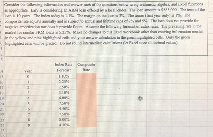 Consider the following information and answer each of the questions below using arithmetic, algebra, and Excel functions as a