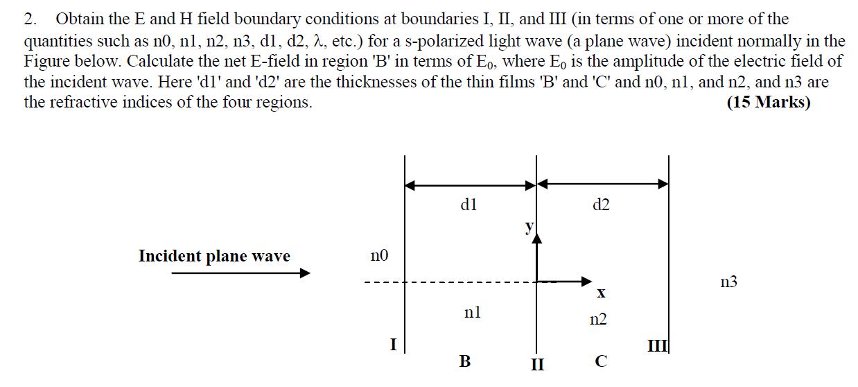 2. Obtain the E and H field boundary conditions at boundaries I, II, and III (in terms of one or more of the