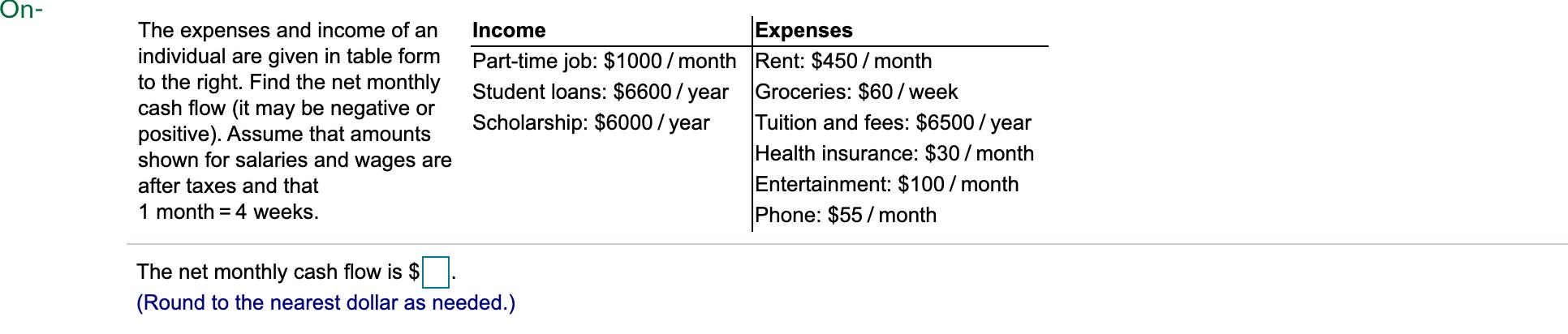 On- The expenses and income of an individual are given in table form to the right. Find the net monthly cash flow (it may be