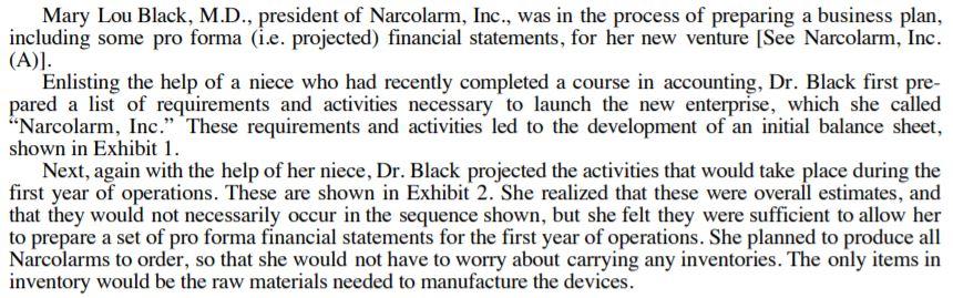 Mary Lou Black, M.D., president of Narcolarm, Inc., was in the process of preparing a business plan, including some pro forma