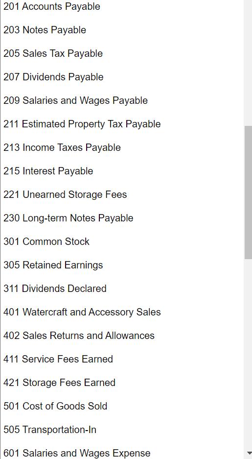 201 Accounts Payable 203 Notes Payable 205 Sales Tax Payable 207 Dividends Payable 209 Salaries and Wages Payable 211 Estimat