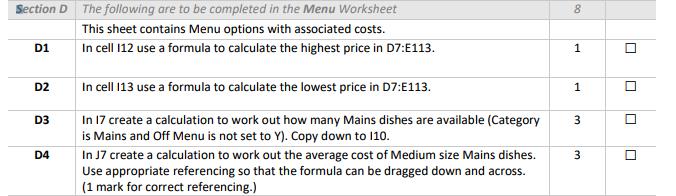8 Section D The following are to be completed in the Menu Worksheet This sheet contains Menu options with associated costs. D