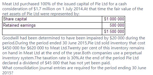 Meat Ltd purchased 100% of the issued capital of Pie Ltd for a cash consideration of $1.7 million on 1 July 2014.At that time
