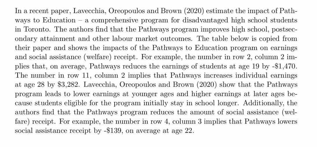 In a recent paper, Lavecchia, Oreopoulos and Brown (2020) estimate the impact of Path- ways to Education - a comprehensive pr