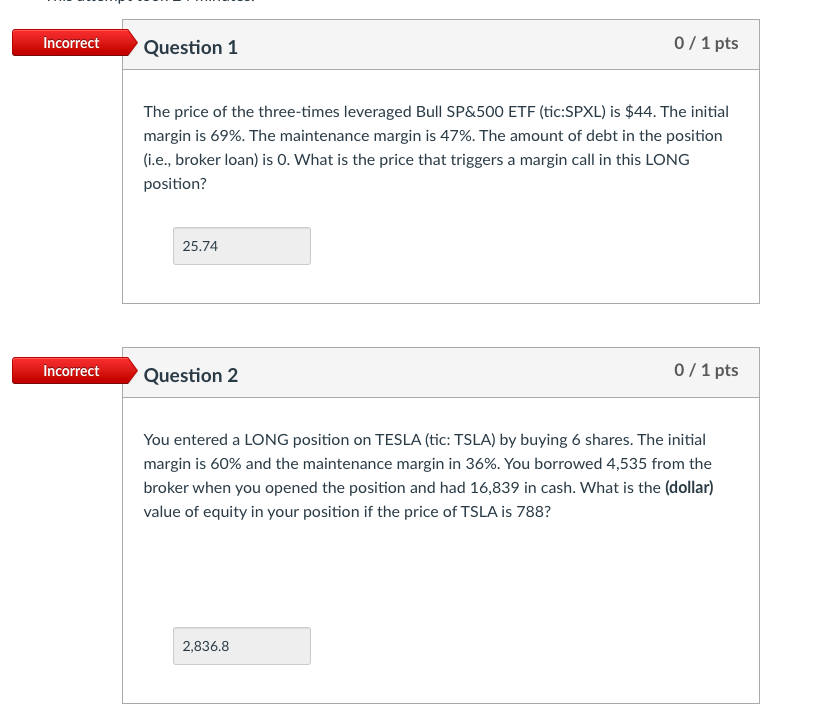 Incorrect Question 1 0 / 1 pts The price of the three-times leveraged Bull SP&500 ETF (tic:SPXL) is $44. The initial margin i