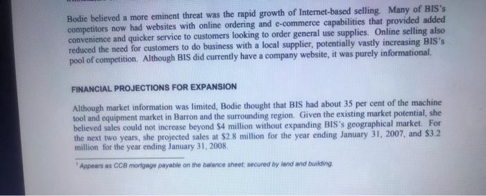 Bodie believed a more eminent threat was the rapid growth of Internet-based selling. Many of BISs competitors now had websit