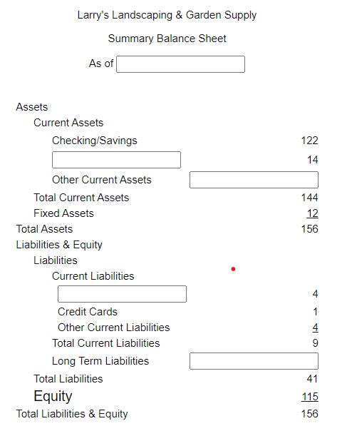 Larrys Landscaping & Garden Supply Summary Balance Sheet As of Assets Current Assets Checking/Savings 122 14 Other Current A