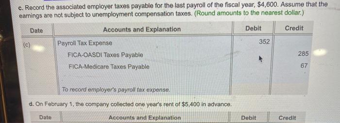 c. Record the associated employer taxes payable for the last payroll of the fiscal year, $4,600. Assume that the earnings are