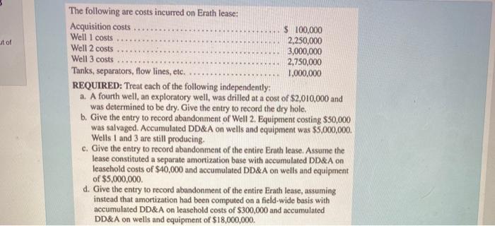 stot The following are costs incurred on Erath lease: Acquisition costs $ 100,000 Well I costs 2,250,000 Well 2 costs... 3,00