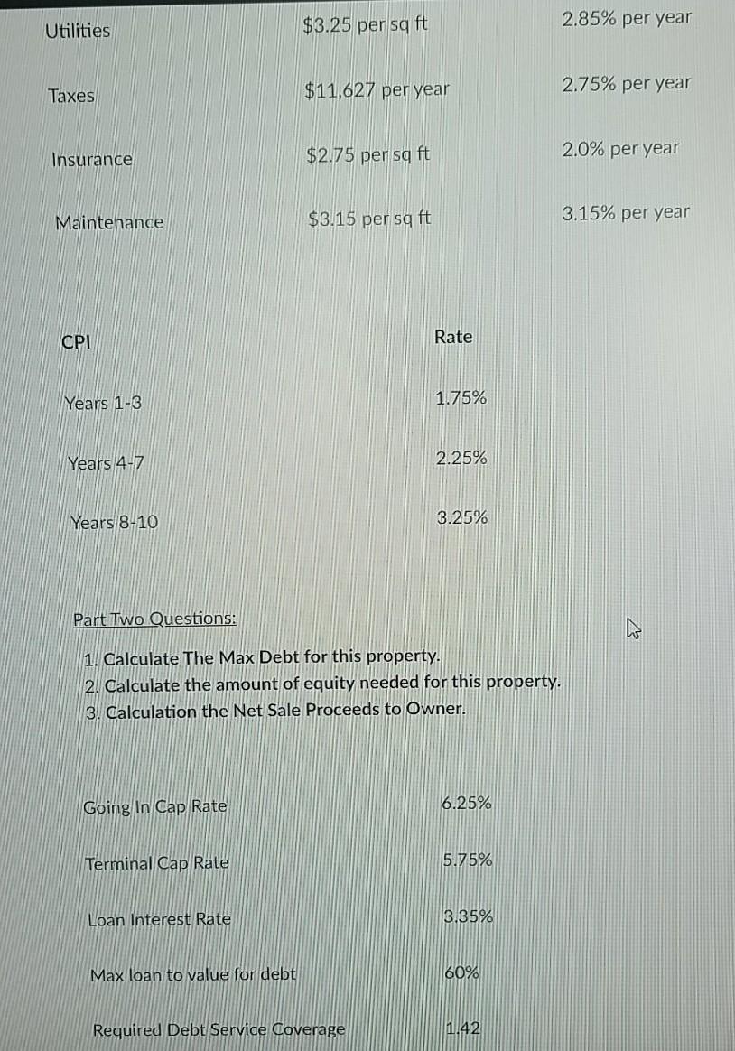 Utilities $3.25 per sq ft 2.85% per year Taxes $11,627 per year 2.75% per year Insurance $2.75 per sq ft 2.0% per year Mainte