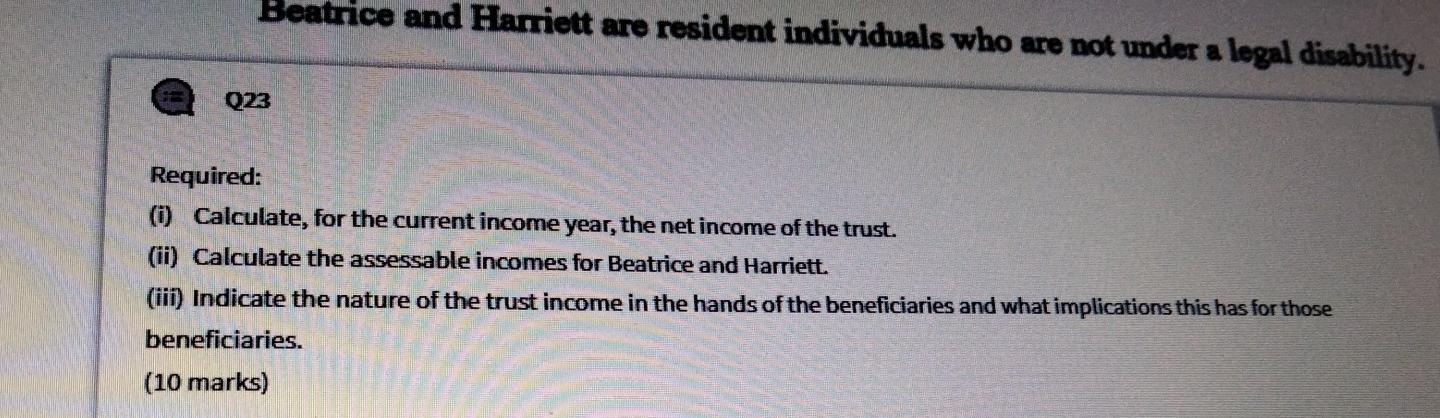 Beatrice and Harriett are resident individuals who are not under a legal disability. Q23 Required: (i) Calculate, for the cur