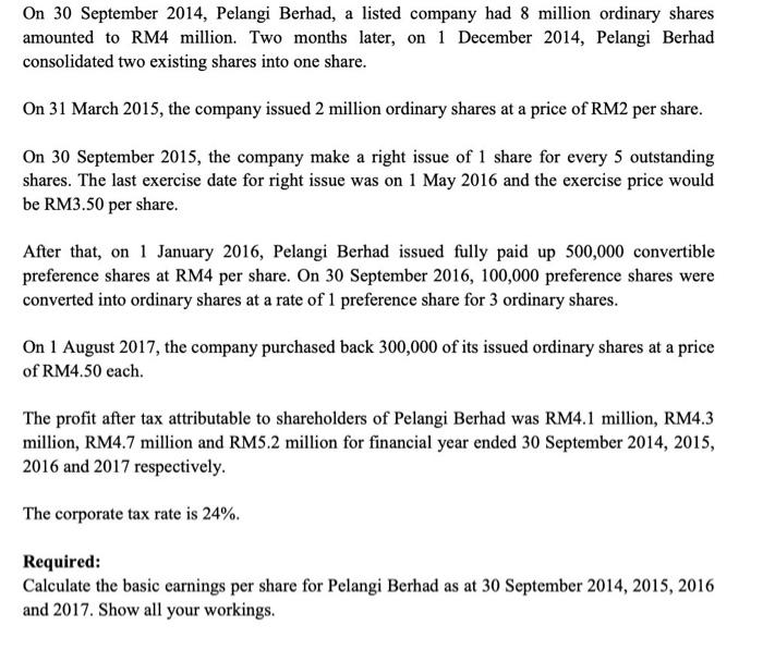 On 30 September 2014, Pelangi Berhad, a listed company had 8 million ordinary shares amounted to RM4 million. Two months late