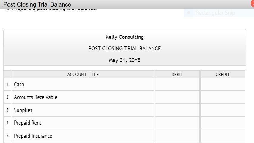 Post-Closing Trial Balance Rectangular Snip Kelly Consulting POST-CLOSING TRIAL BALANCE May 31, 2045 ACCOUNT TITLE DEBIT CRED