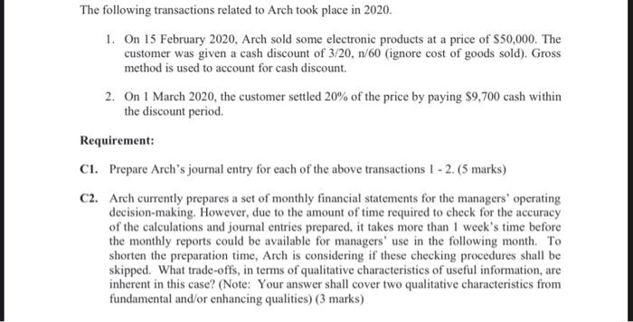 The following transactions related to Arch took place in 2020. 1. On 15 February 2020, Arch sold some electronic products at