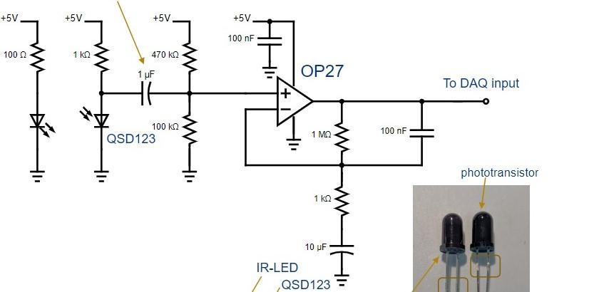 +5V +5V +5V +5V 100 nF 1002 1 ΚΩ w470 kO2 1 uF OP27 TO DAQ input HA ++ 100 ΚΩ QSD123 1 MO 100 nF =TH phototransistor 1 ΚΩ