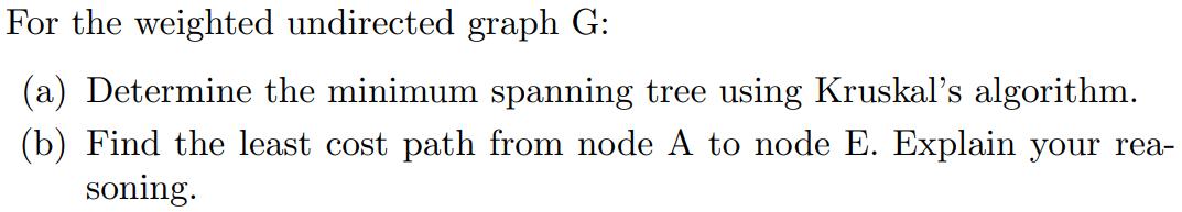 For the weighted undirected graph G: (a) Determine the minimum spanning tree