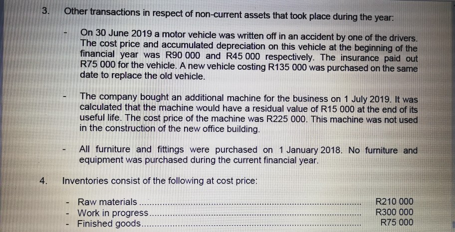 3. Other transactions in respect of non-current assets that took place during the year: On 30 June 2019 a motor vehicle was w