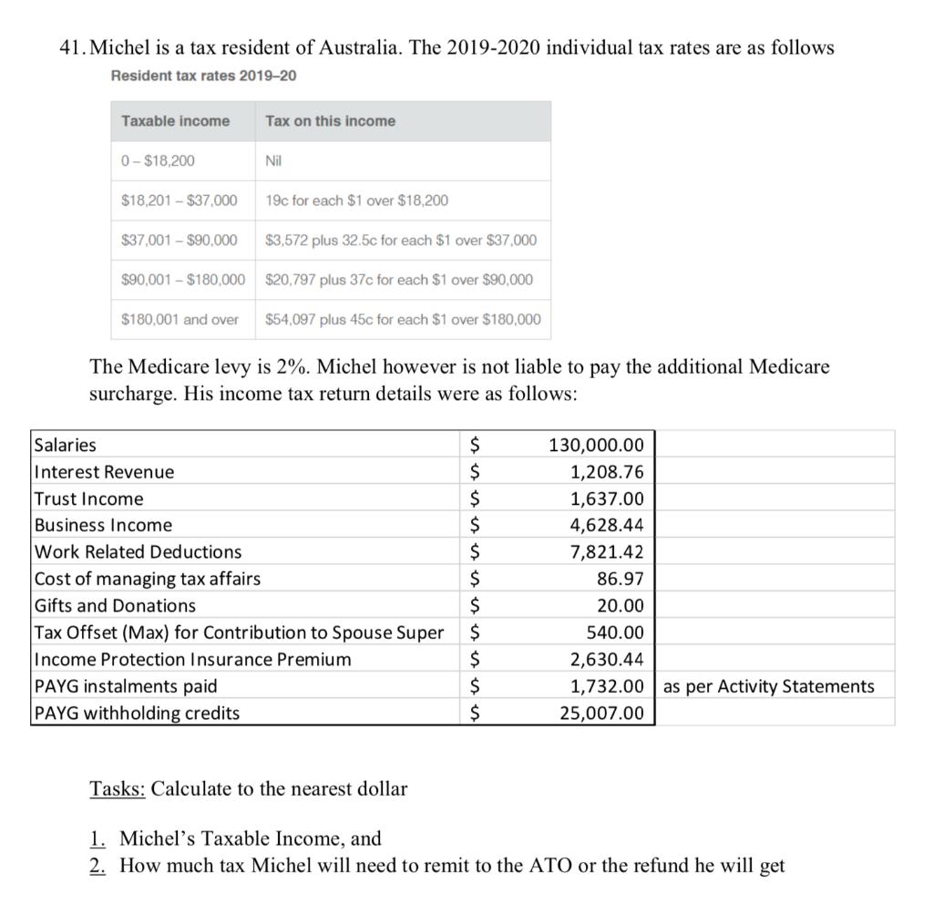41. Michel is a tax resident of Australia. The 2019-2020 individual tax rates are as follows Resident tax rates 2019-20 Taxab