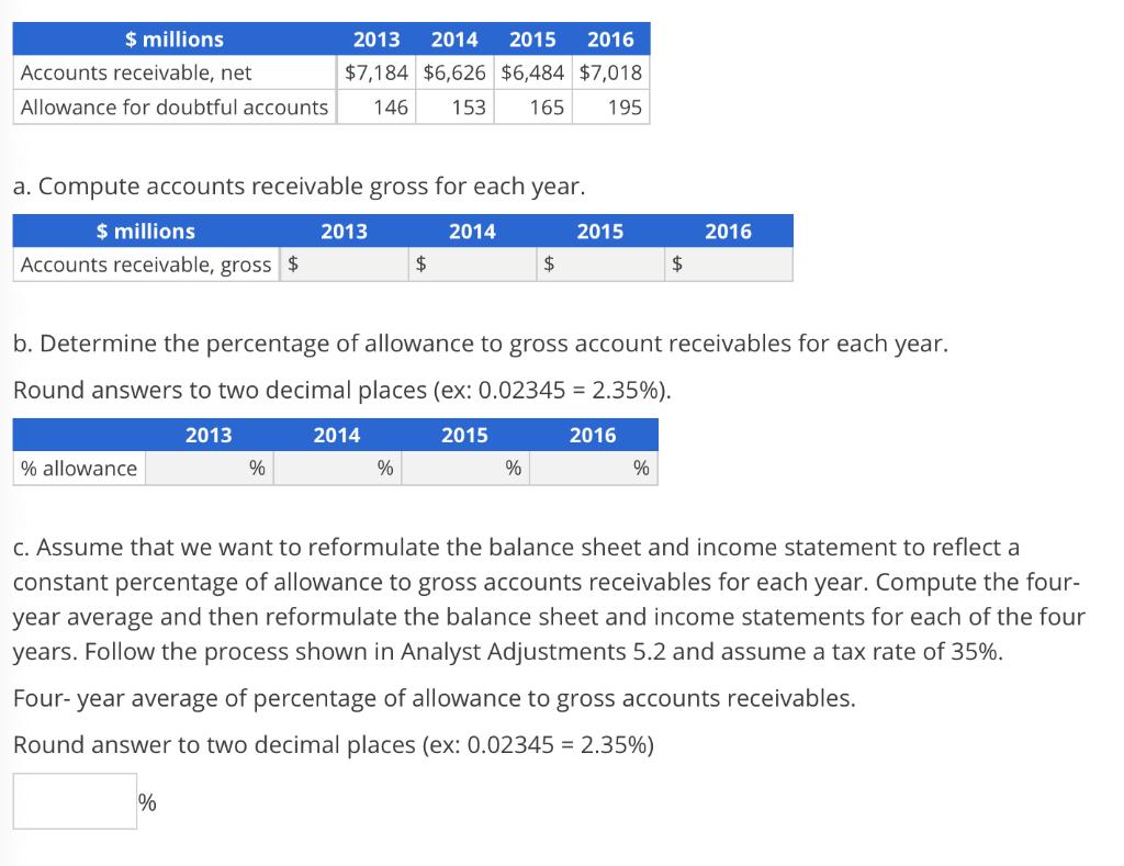 $ millions Accounts receivable, net Allowance for doubtful accounts 2013 2014 2015 2016 $7,184 $6,626 $6,484 $7,018 146 153 1