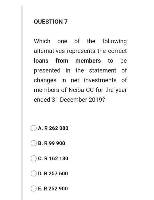 QUESTION 7 Which one of of the following alternatives represents the correct loans from members to be presented in the statem