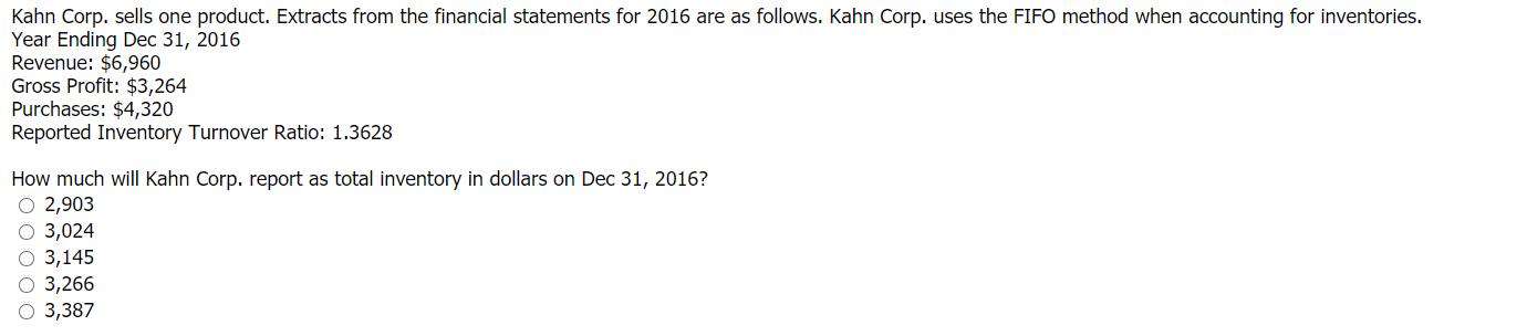 Kahn Corp. sells one product. Extracts from the financial statements for 2016 are as follows. Kahn Corp. uses the FIFO method